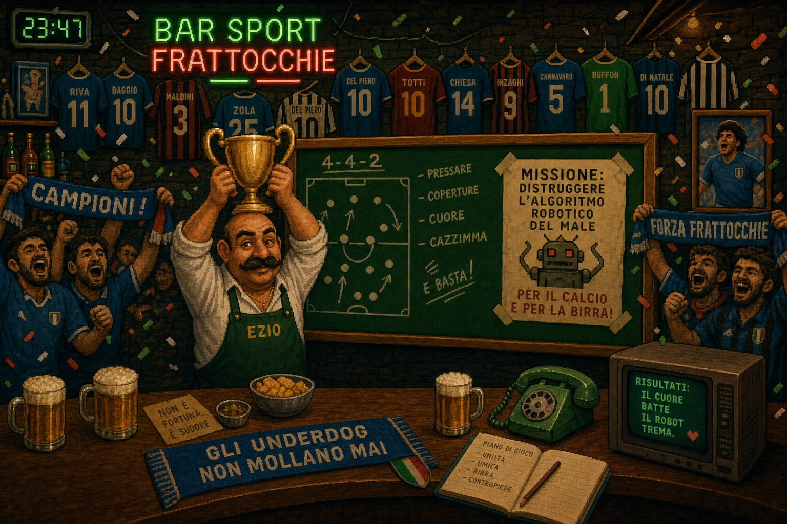 Ezio alza la coppa al Bar Sport di Frattocchie