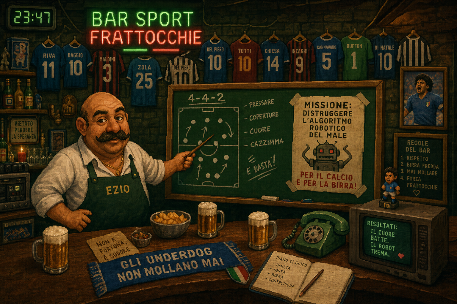 Ezio al Bar Sport con lavagnetta tattica